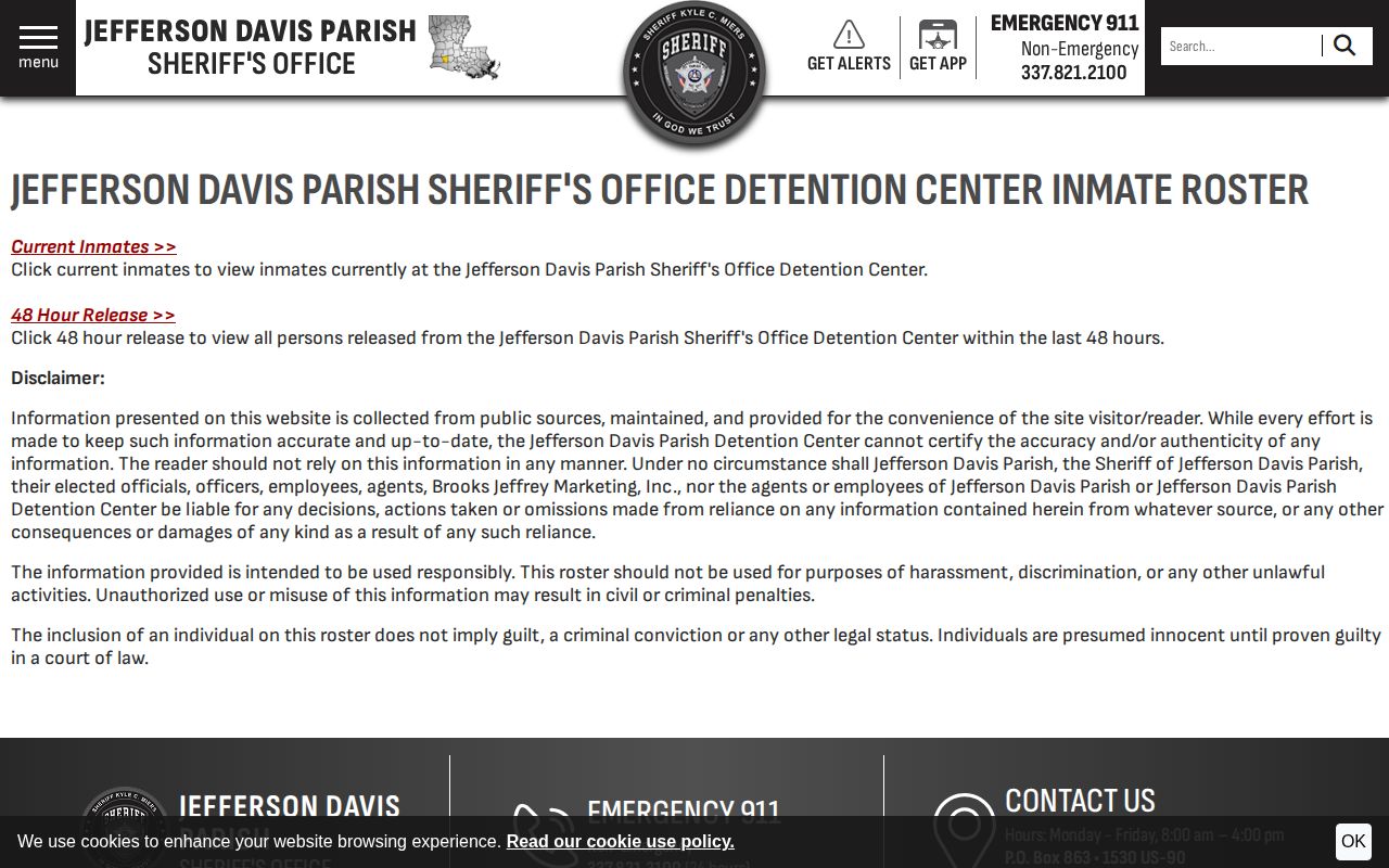 Jefferson Davis Parish 72-hour release lookup source showing the official 48 Hour Release limit